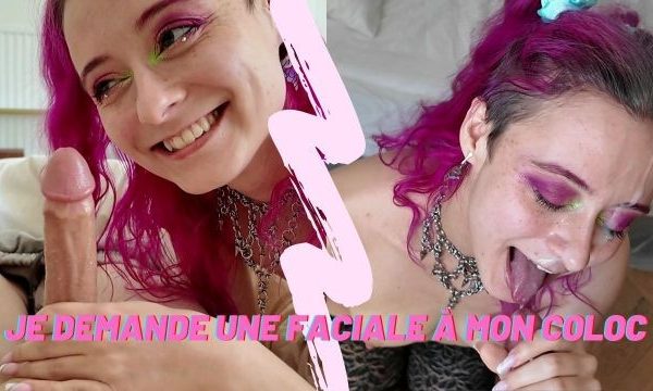 POV French alt girl sucks her roomate's cock and gets a huge cum facial